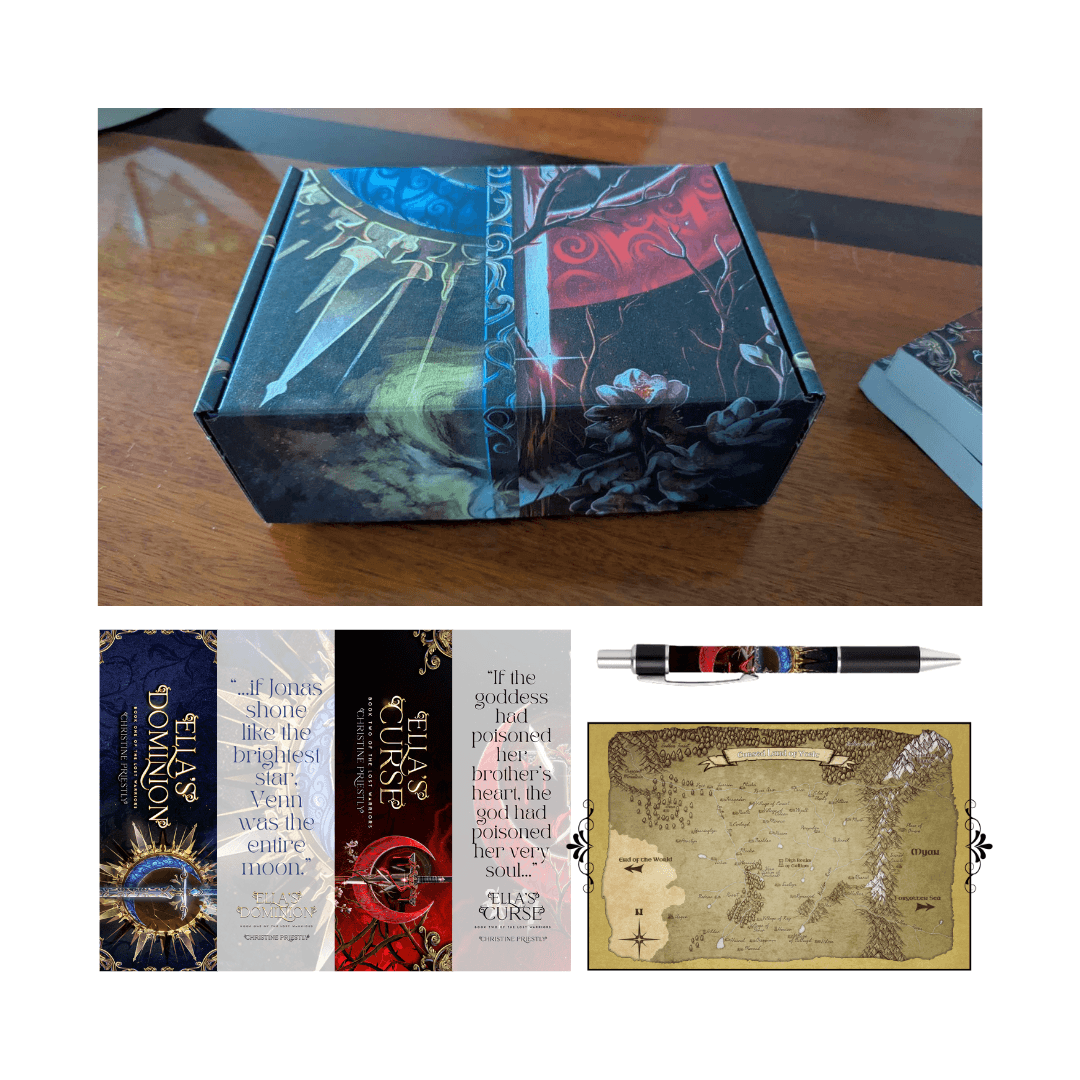 Photograph of custom gift box, image of Ella's Dominion and Ella's Curse bookmars, front and back, custom pen, and map of Ycelt postcard